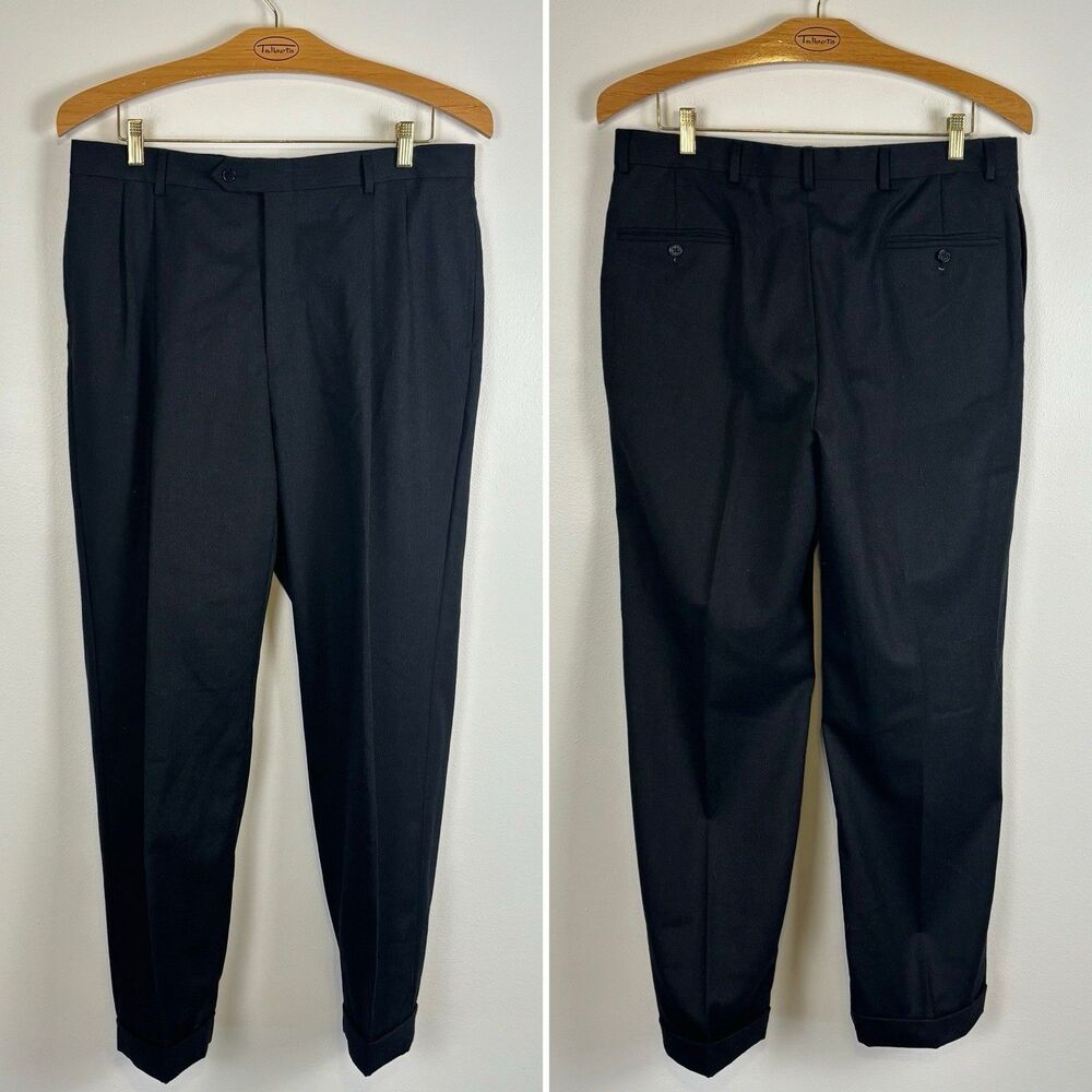 VTG Austin Reed 100% Wool Pleated Trousers Dark Gray Mens 35x30 Cuffed Flawed
